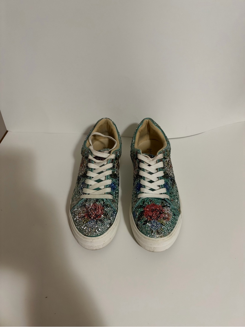 Betsey Johnson Teal Multicolor Crystal-Embellished Lace-Up Sneakers
